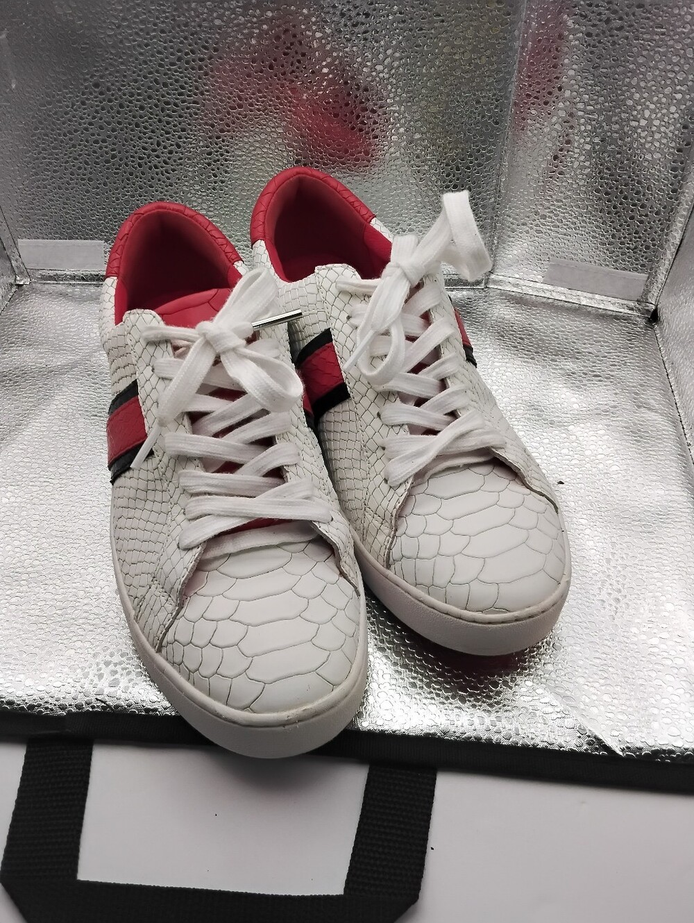 Michael Kors White Sneakers with Red and Black Stripe Accents